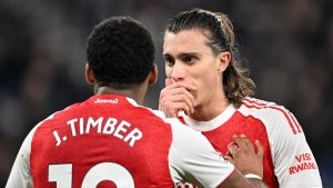 liverpool-england-jurrien-timber-of-arsenal-speaks-with-teammate-riccardo-calafiori-during_m2csd9yq.jpeg